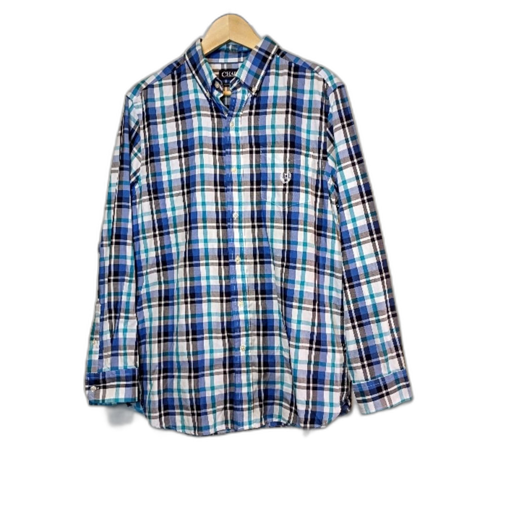 Chaps Performance Plaid Button-Up Shirt Men's M Blue/Teal/White Check